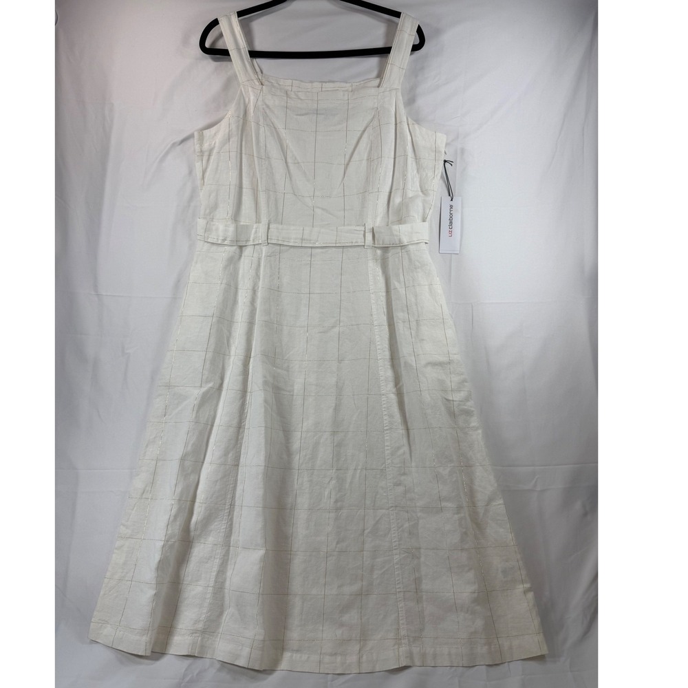 Liz Claiborne White Gold Plaid Linen Blend Midi Dress Pockets NWT 14